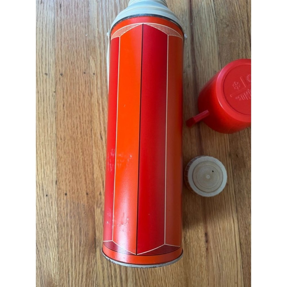 1970s Mod Mid-Century Aladdin Thermos with Orange + Red Stripes, White Lid + Han